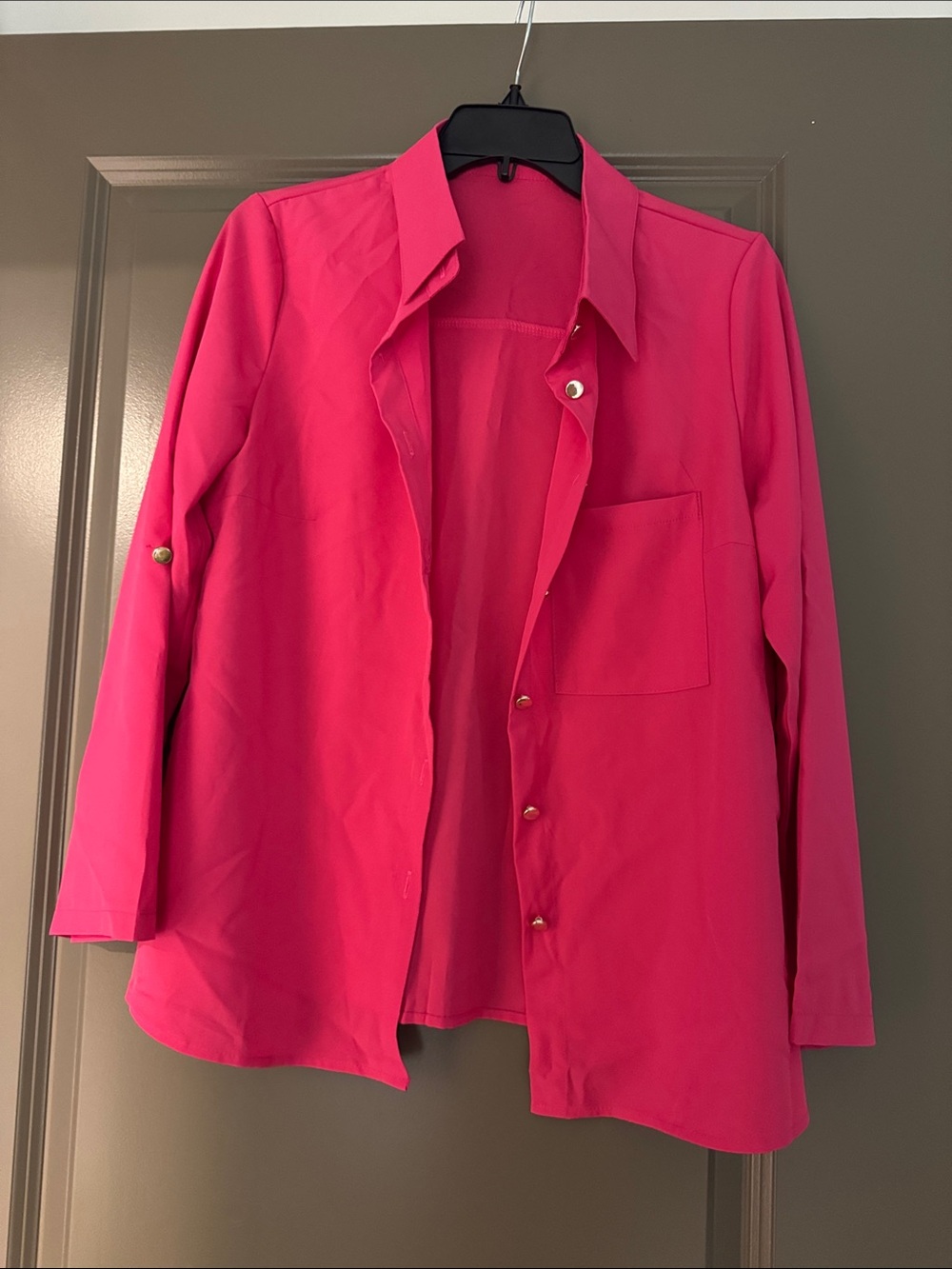 Womens Hot Pink Button-Front Collared Blouse